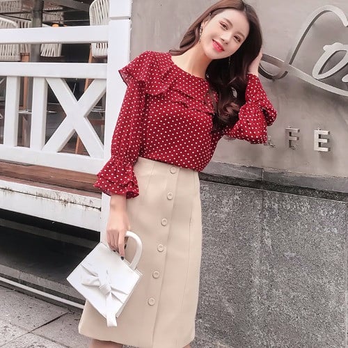 Νέο μοντέλο γυναικείο σετ πουκάμισο πουά + φούστα