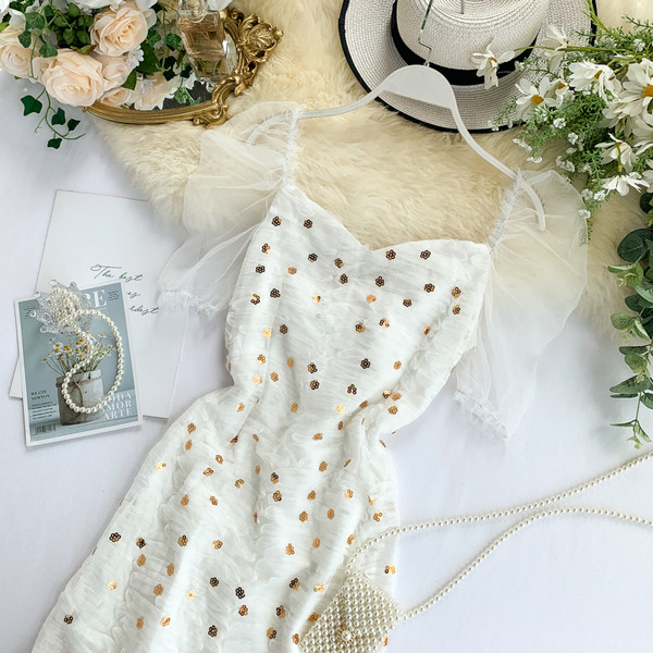 Rochie de dama model nou alb cu paiete si tul