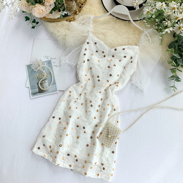 Rochie de dama model nou alb cu paiete si tul