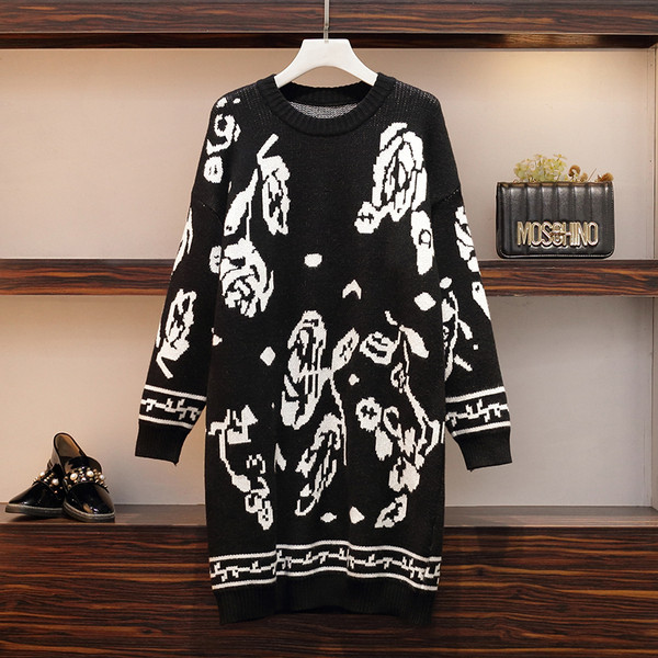 Rochie de iarna de dama cu model floral in negru cu marimi pana la 5XL