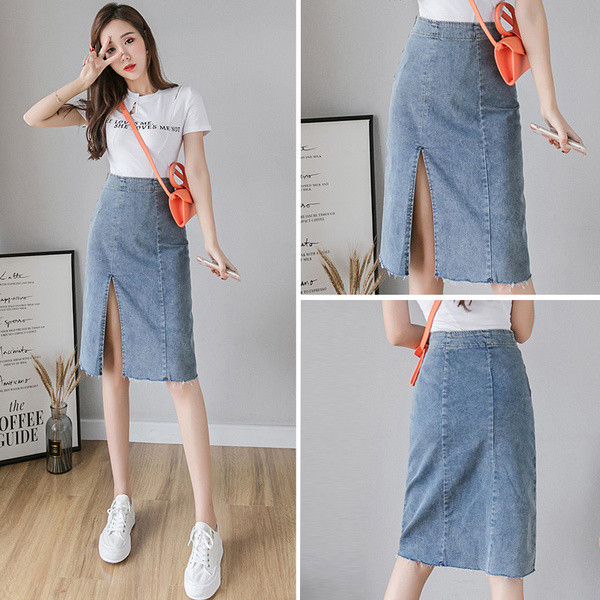 Fusta de dama moderna cu fanta si fermoar in albastru