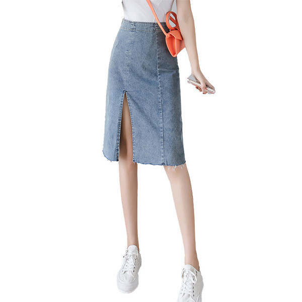 Fusta de dama moderna cu fanta si fermoar in albastru