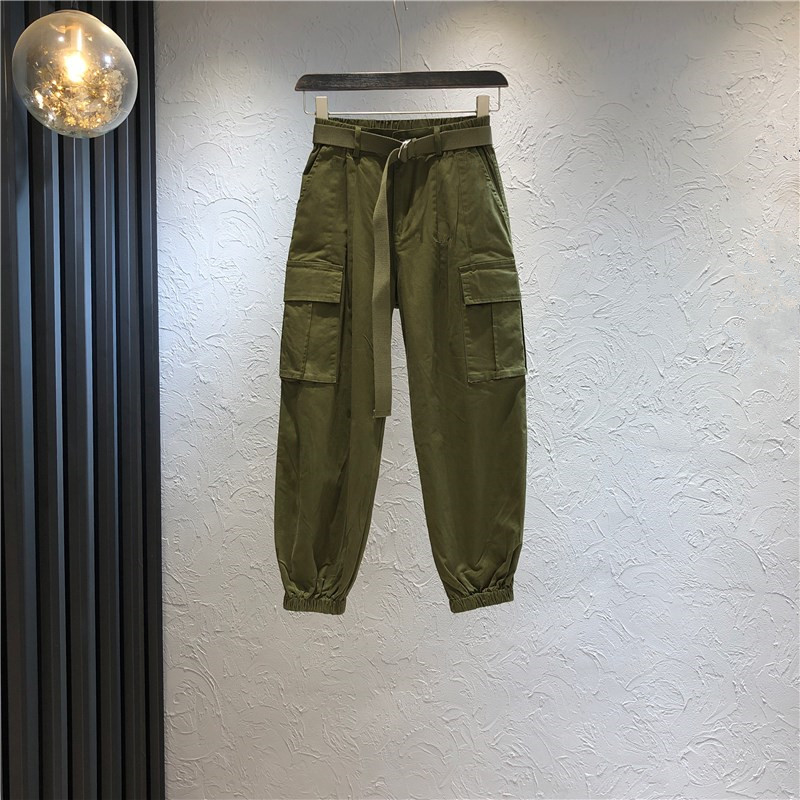 Дамски панталони с висока талия и колан в зелен цвят