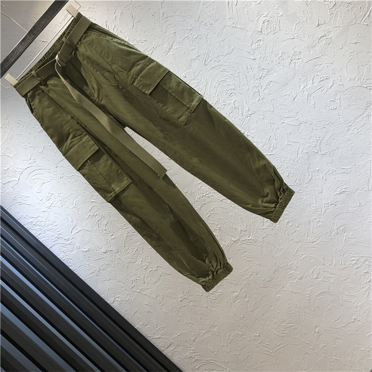 Дамски панталони с висока талия и колан в зелен цвят