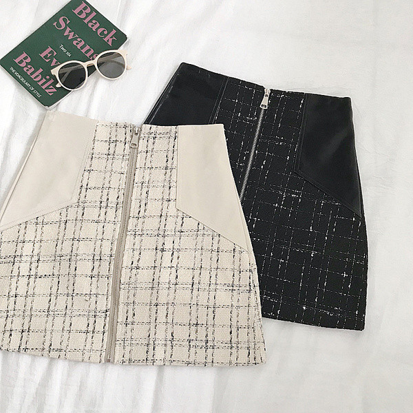 Fusta de dama actuala in doua culori cu fermoar si talie inalta