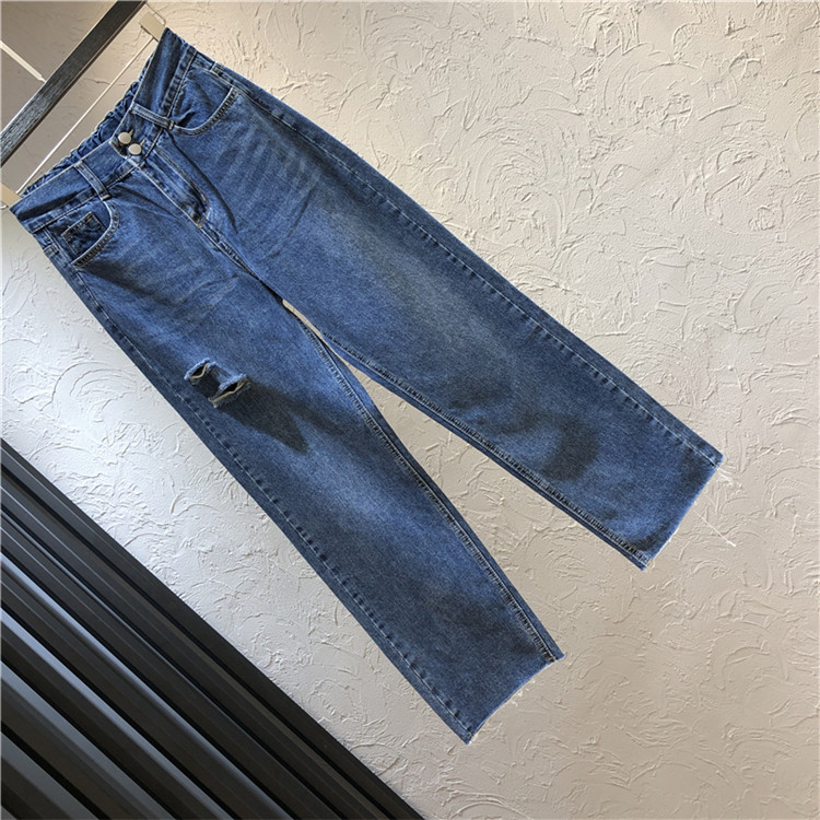 Blugi de dama model lat cu motiv rupt in negru si albastru