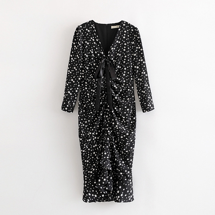 Rochie lunga de dama cu cravate in puncte negre