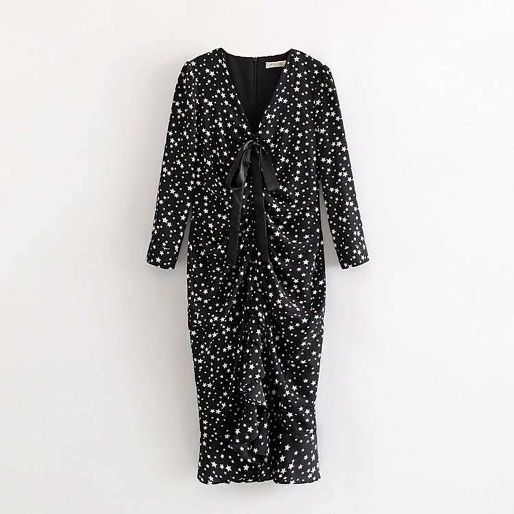 Rochie lunga de dama cu cravate in puncte negre