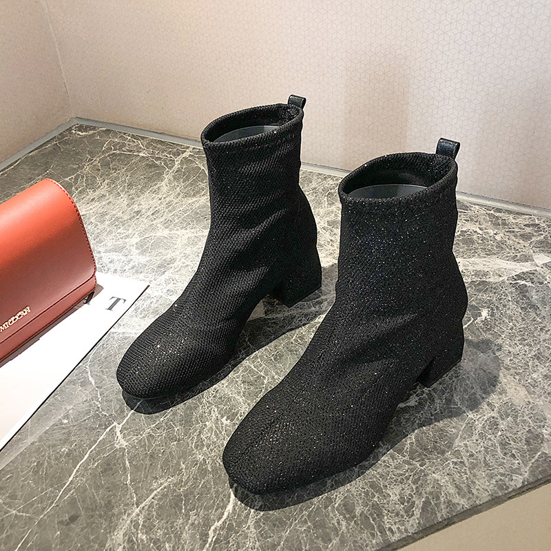 Cizme de dama elegante cu toc gros si efect stralucitor in negru si gri