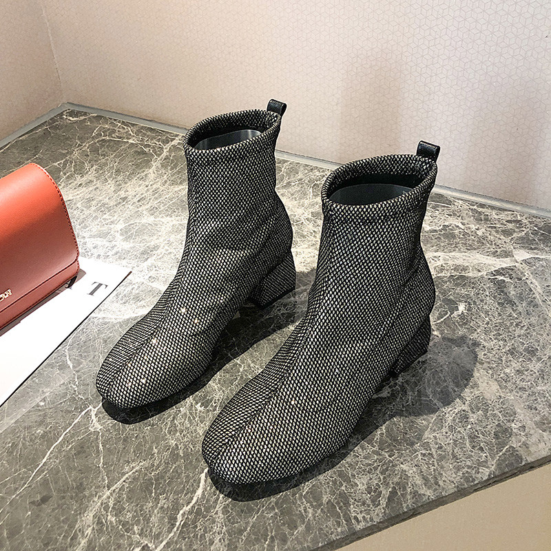 Cizme de dama elegante cu toc gros si efect stralucitor in negru si gri