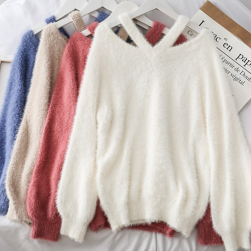 Модерен дамски пуловер в четири цвята с V-образно деколте