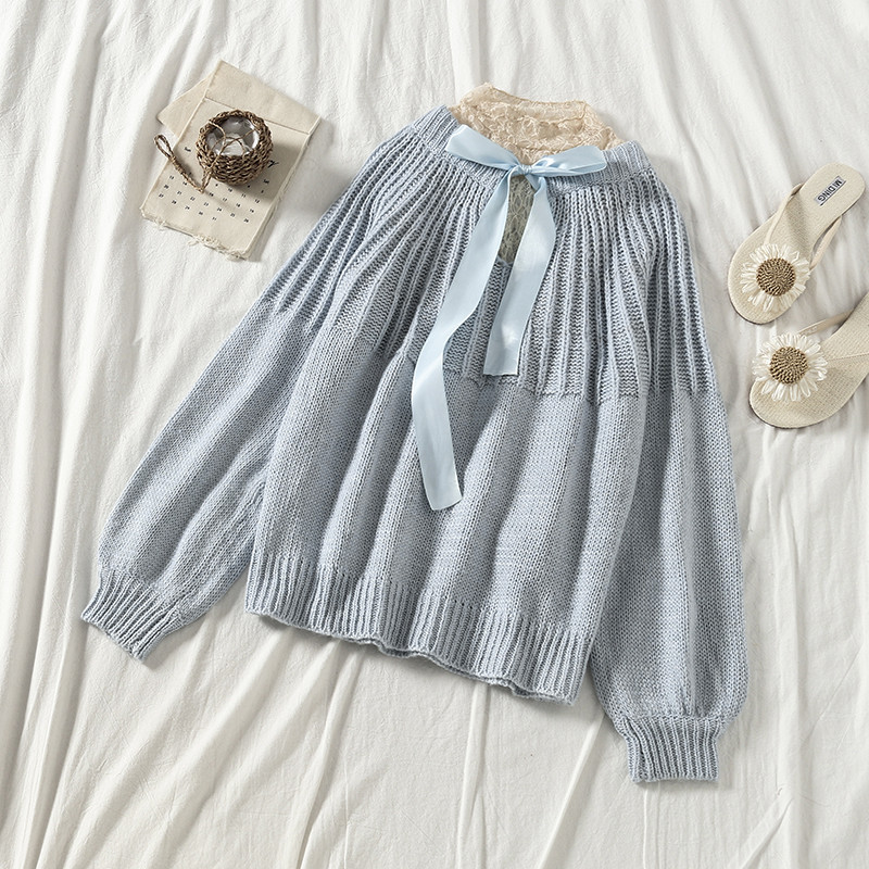 Pulover de dama cu dantela si cravata in mai multe culori