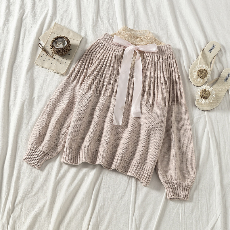 Pulover de dama cu dantela si cravata in mai multe culori