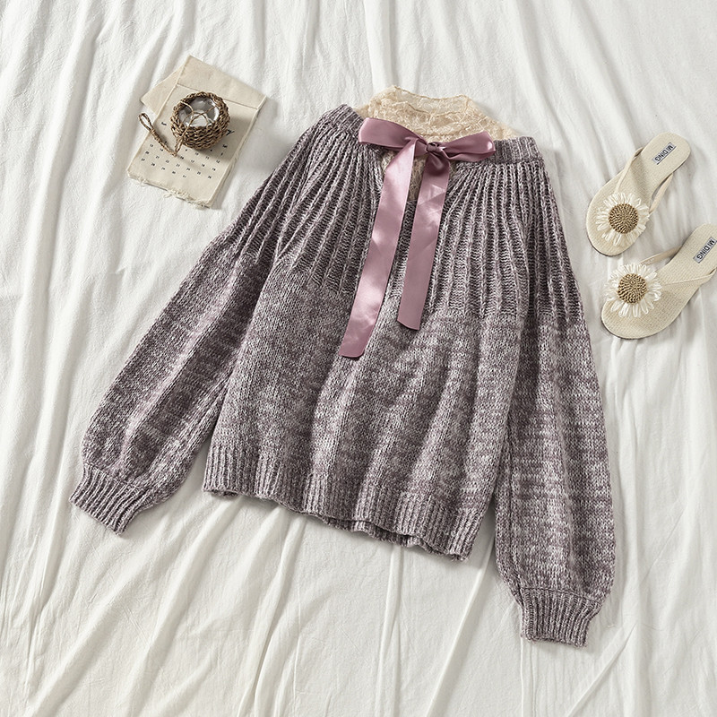 Pulover de dama cu dantela si cravata in mai multe culori