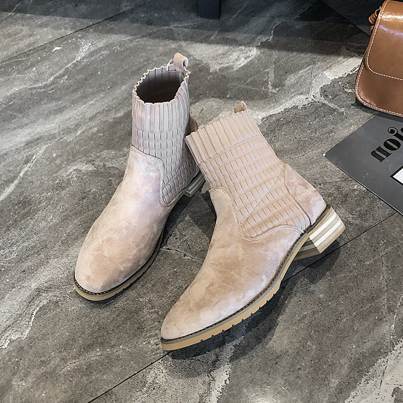 Cizme casual dama din piele intoarsa ecologica in negru si bej