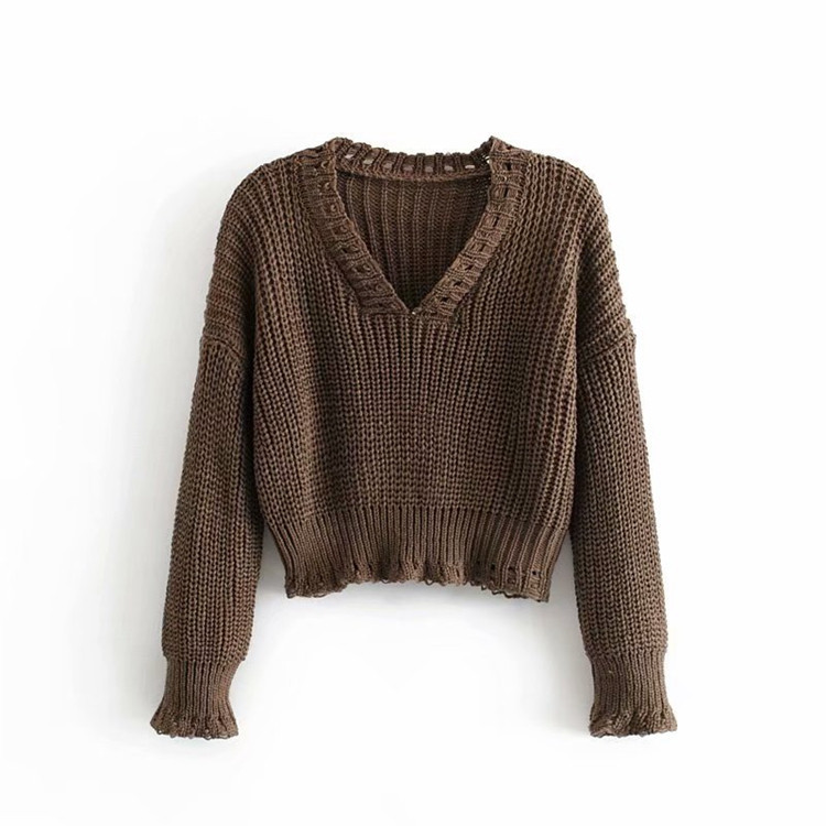 Къс дамски пуловер с шпиц деколте и дълъг ръкав - четири цвята