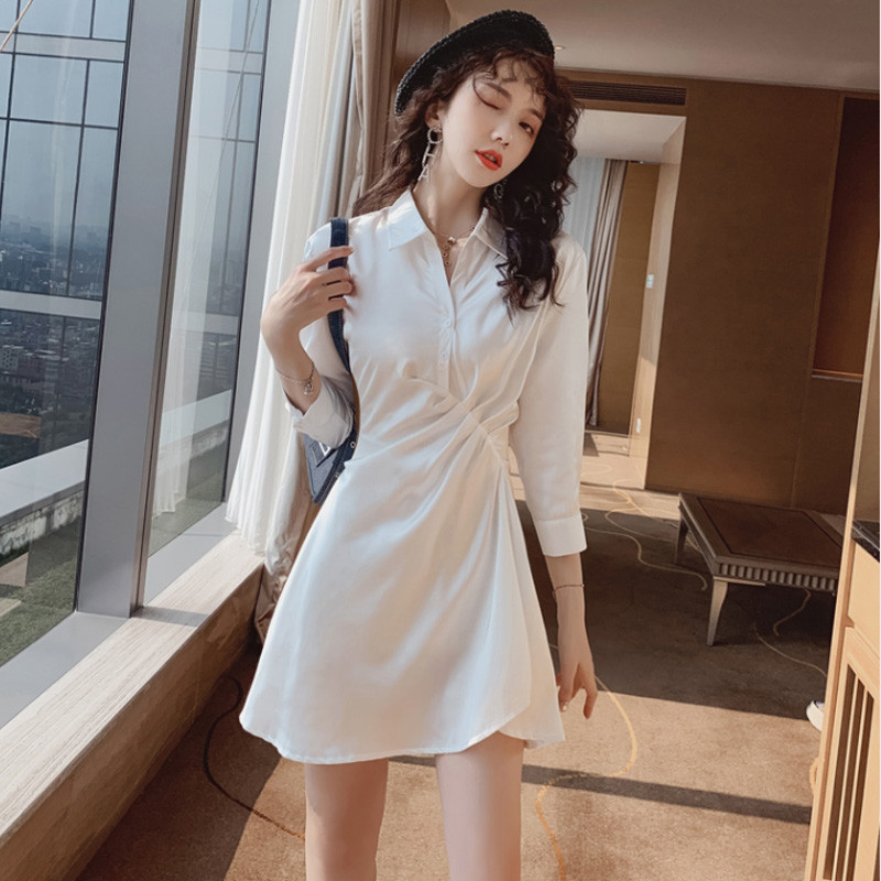 Rochie de damă, model nou, de ultimă generație, cu guler clasic și mâneci 7/8 în alb