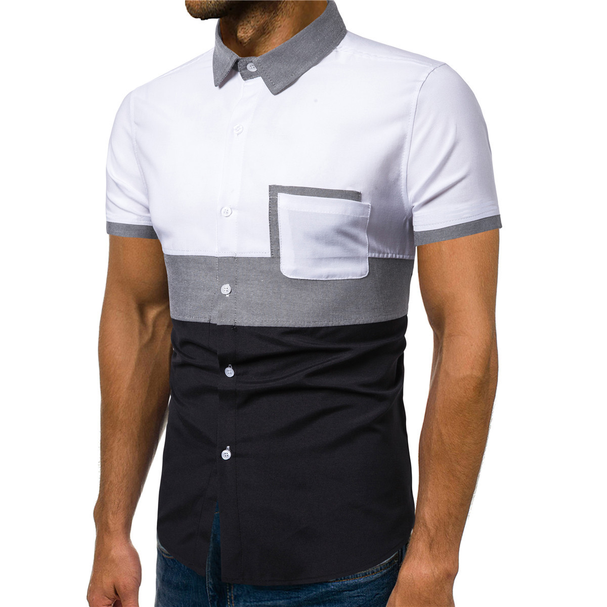 Tricou casual barbatesc cu maneca scurta si buzunar in doua culori