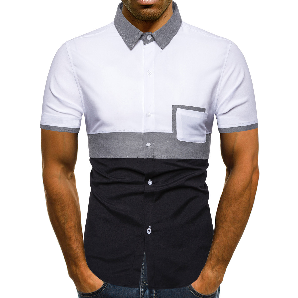 Tricou casual barbatesc cu maneca scurta si buzunar in doua culori