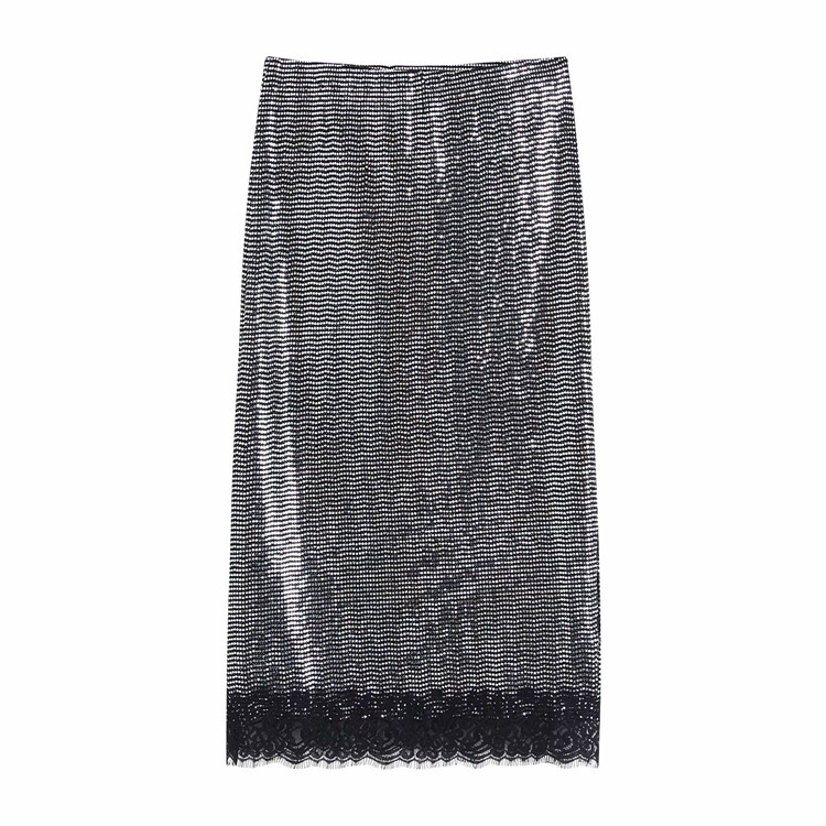 Fusta lunga eleganta de culoare argintie cu paiete si dantela