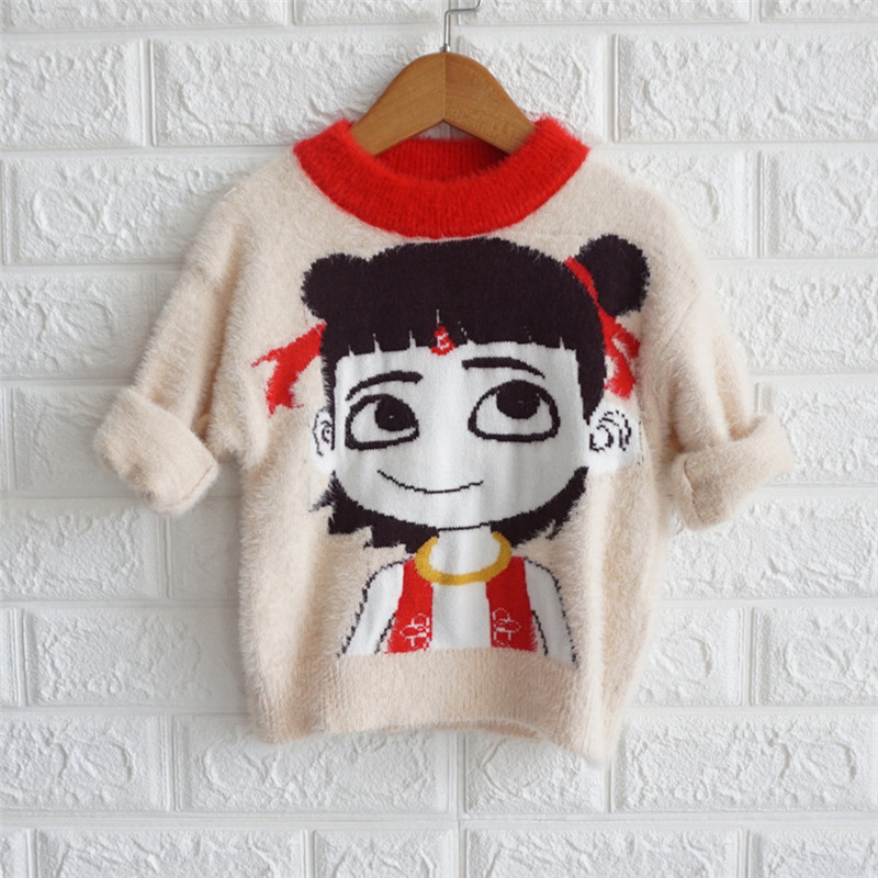 Ежедневен детски пуловер за момичета с О-образно деколте е бежов цвят