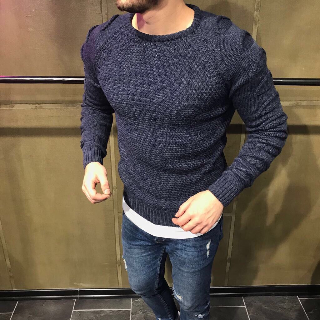 Ежедневен мъжки пуловер с дълъг ръкав и О-образно деколте