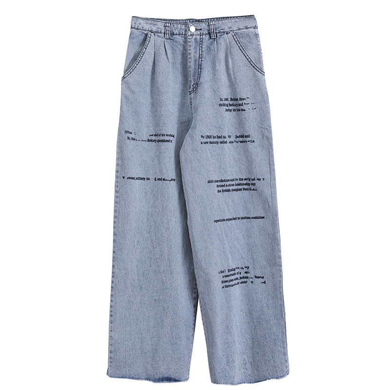 Blugi de damă moderni cu talie înaltă și inscripții în culoare deschisă