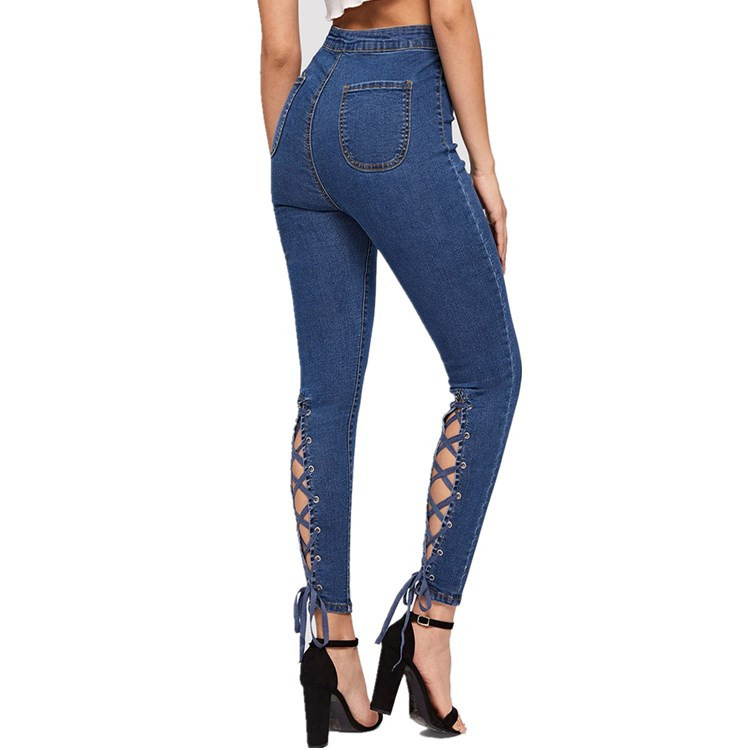 Blugi de dama actuali de culoare albastra si sireturi