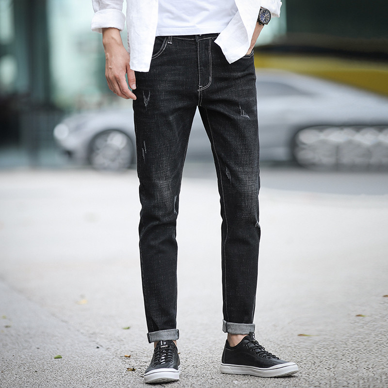 Модерни мъжки дънки в черен цвят с джобове 