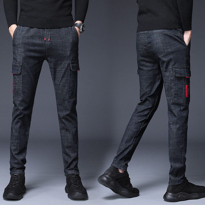 Нов модел мъжки дънки в син и черен цвят с връзки