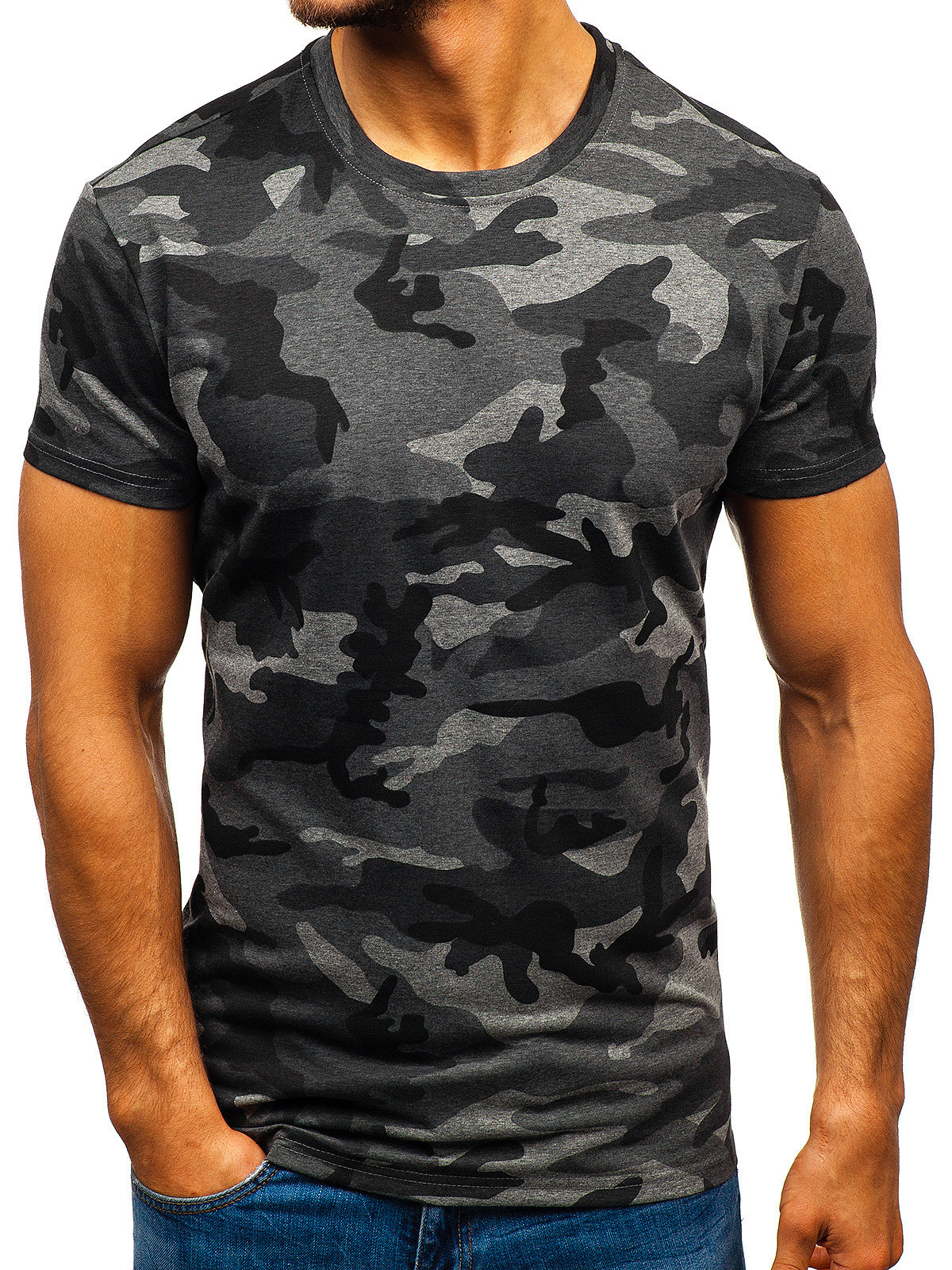 Tricou casual barbatesc cu maneci scurte si model de camuflaj