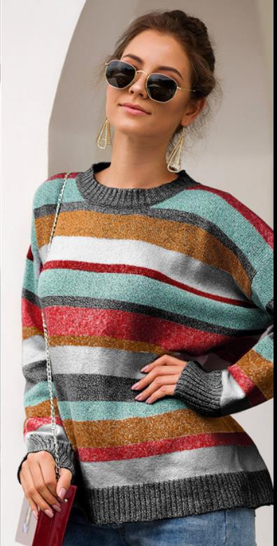 Γυναικείο ριγέ πουλόβερ με μακριά μανίκια σε δύο χρώματα