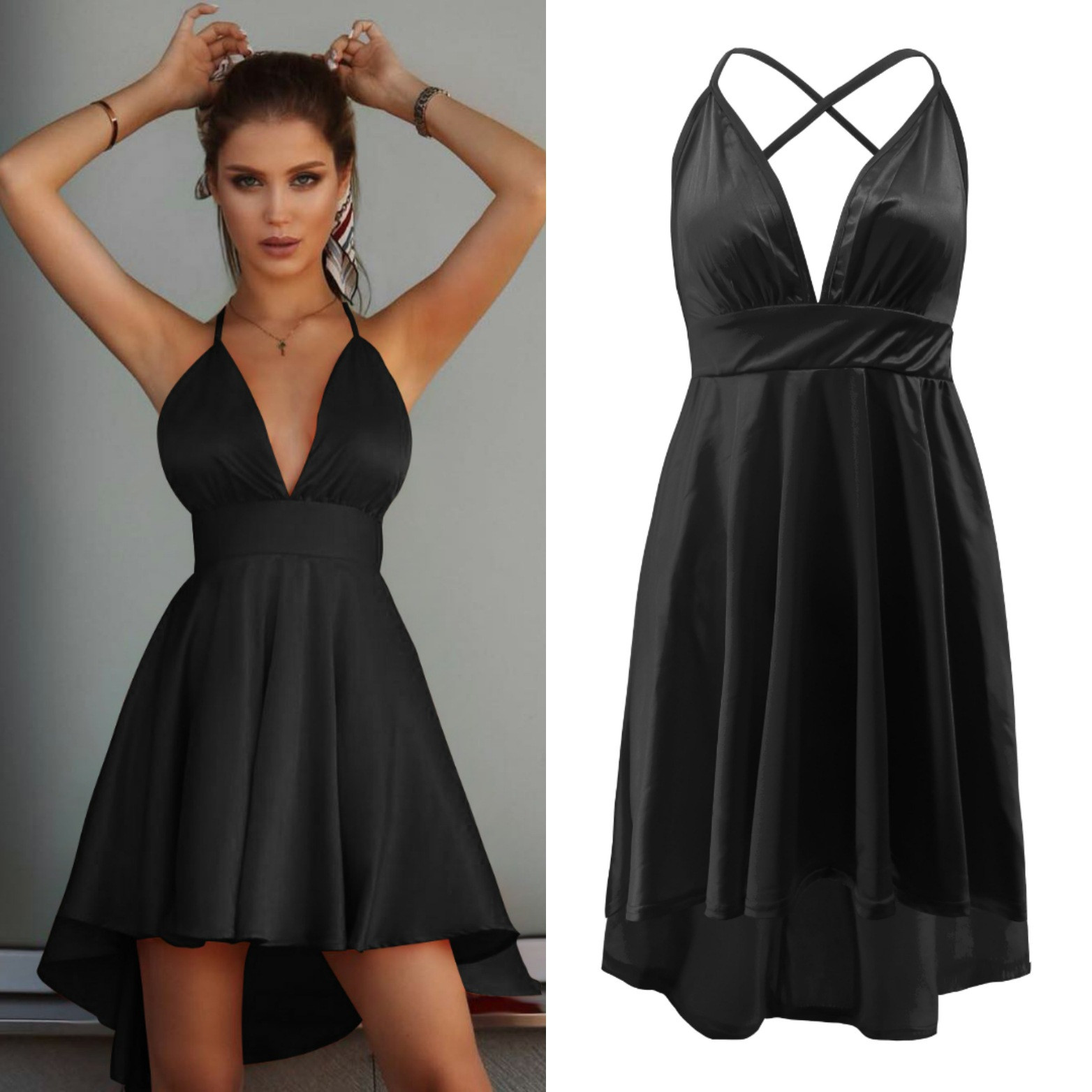 Κομψό γυναικείο φόρεμα με λεπτούς ιμάντες ώμου και βαθύ λαιμόκοψη σε διάφορα χρώματα