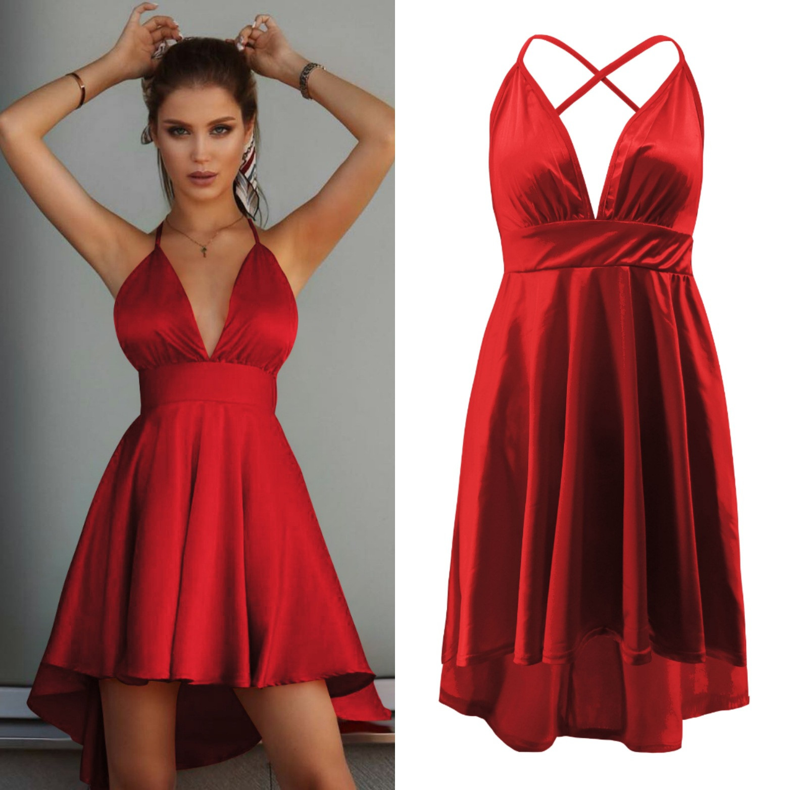 Κομψό γυναικείο φόρεμα με λεπτούς ιμάντες ώμου και βαθύ λαιμόκοψη σε διάφορα χρώματα