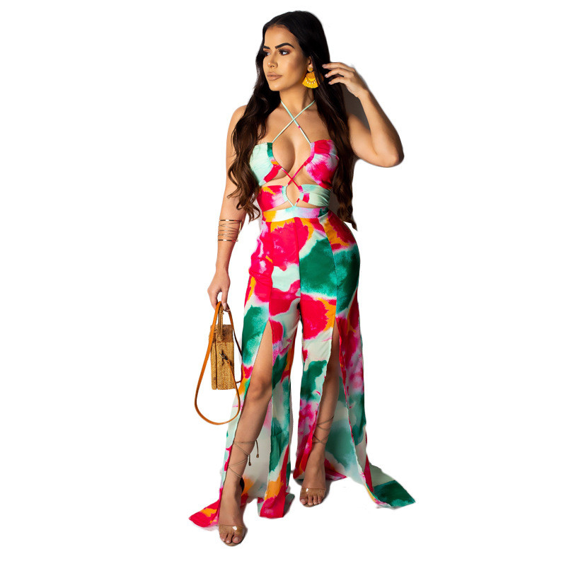 Modern női színes jumpsuit vékony pántokkal és nyakkendőkkel