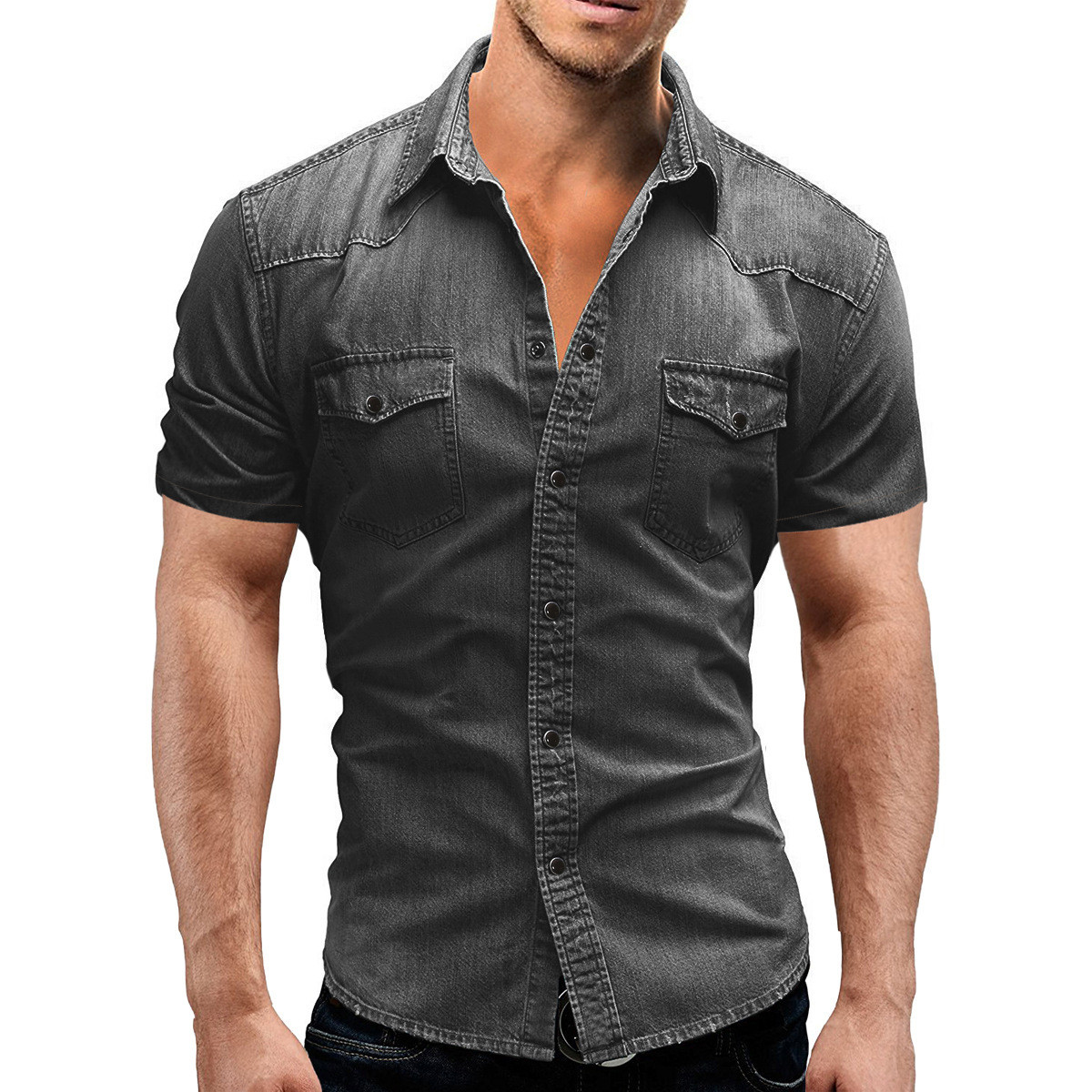 Модерна мъжка дънкова риза с къс ръкав в четири цвята