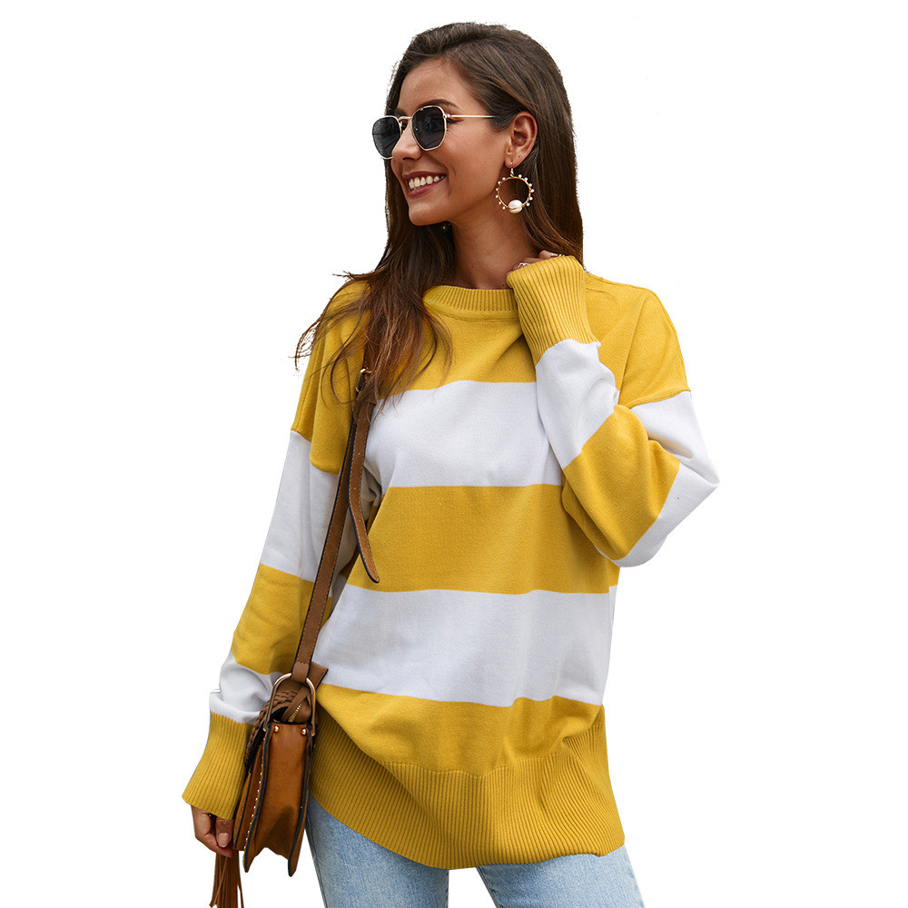 Μοντέρνο γυναικείο ριγέ πουλόβερ με δαντέλα σε τρία χρώματα