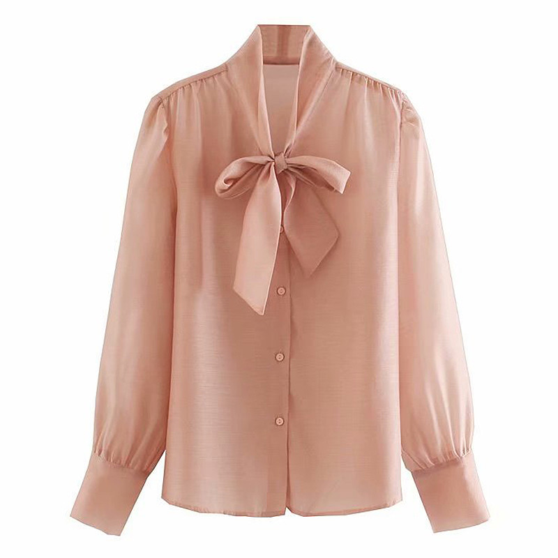 Cămașă de damă cu panglică la guler în culoarea roz