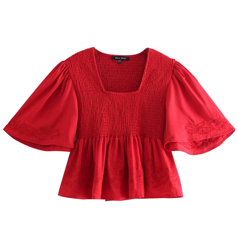 Γυναικεία μπλούζα με φαρδιά μανίκια, με τετράγωνο λαιμόκοψη σε κόκκινο και λευκό χρώμα