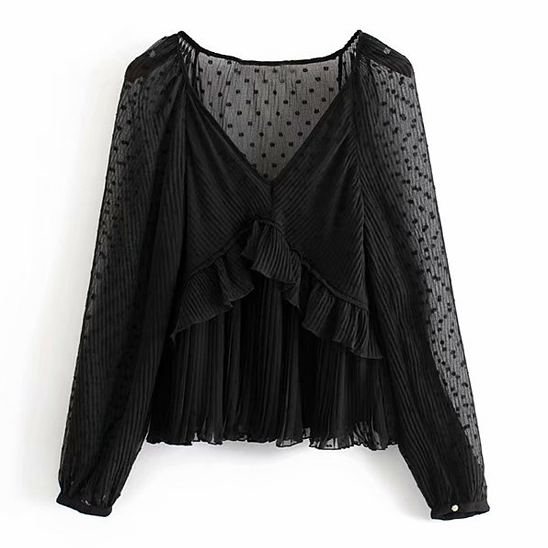 Γυναικεία δαντελένια μπλούζα με λαιμόκοψη σε μαύρο και μπεζ χρώμα