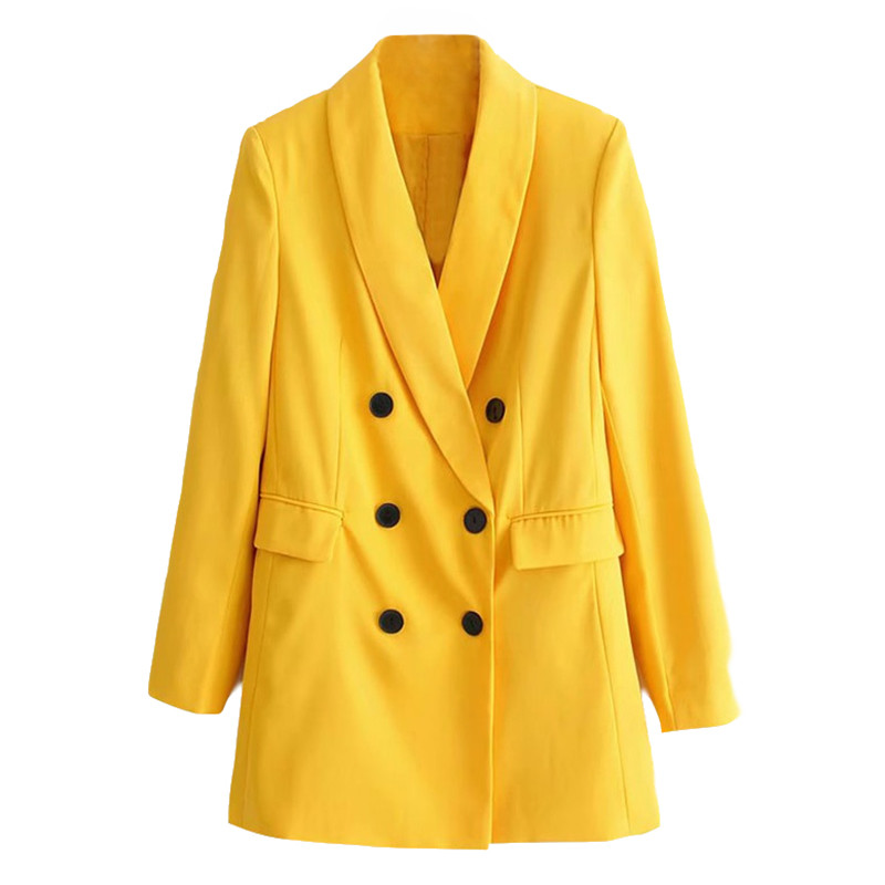 Стилно дамско сако с копчета и шпиц деколте в жълт цвят 