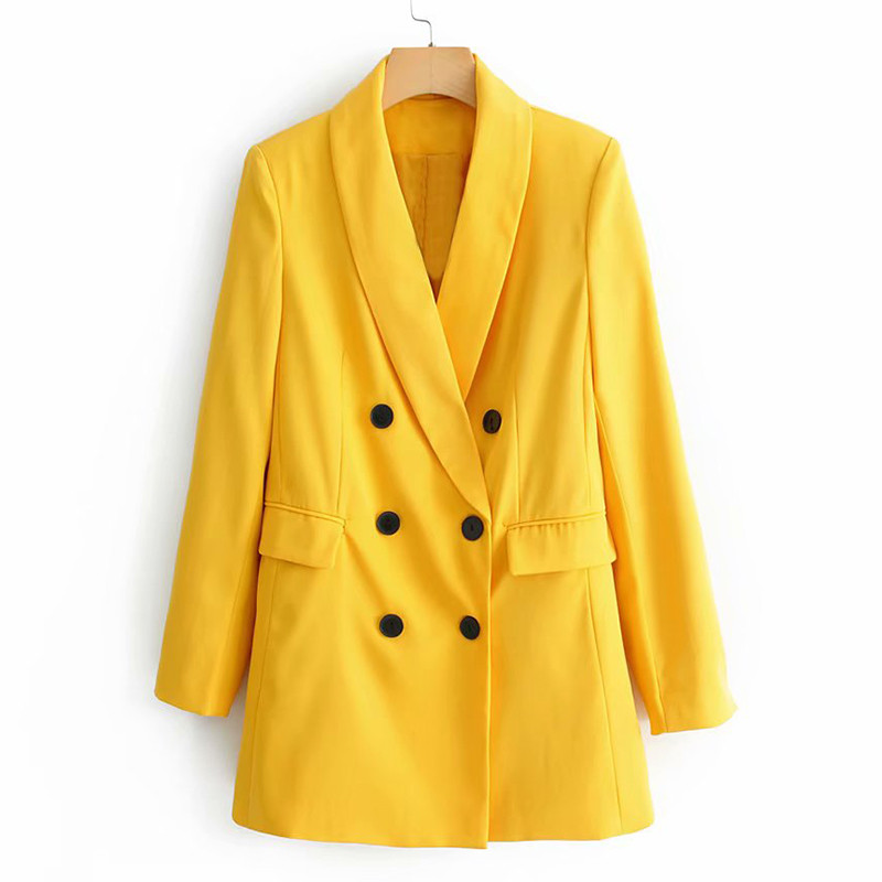 Jachetă elegantă de damă, cu nasturi și decolteu spitz, de culoare galbenă