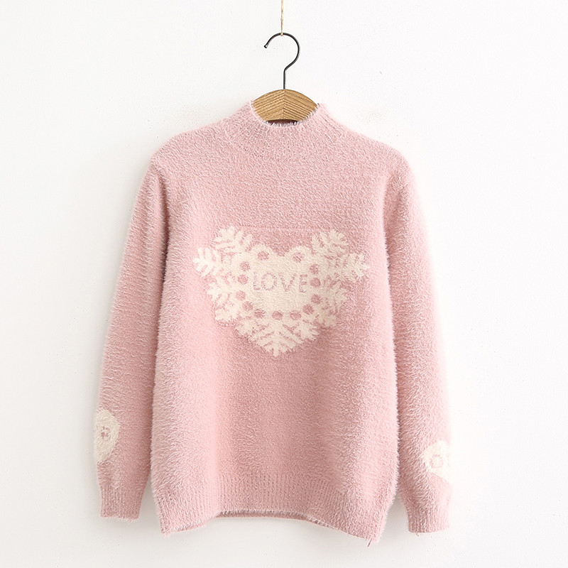 Νέο μοντέλο γυναικείο πουλόβερ με υψηλό γιακά σε λευκό και ροζ χρώμα