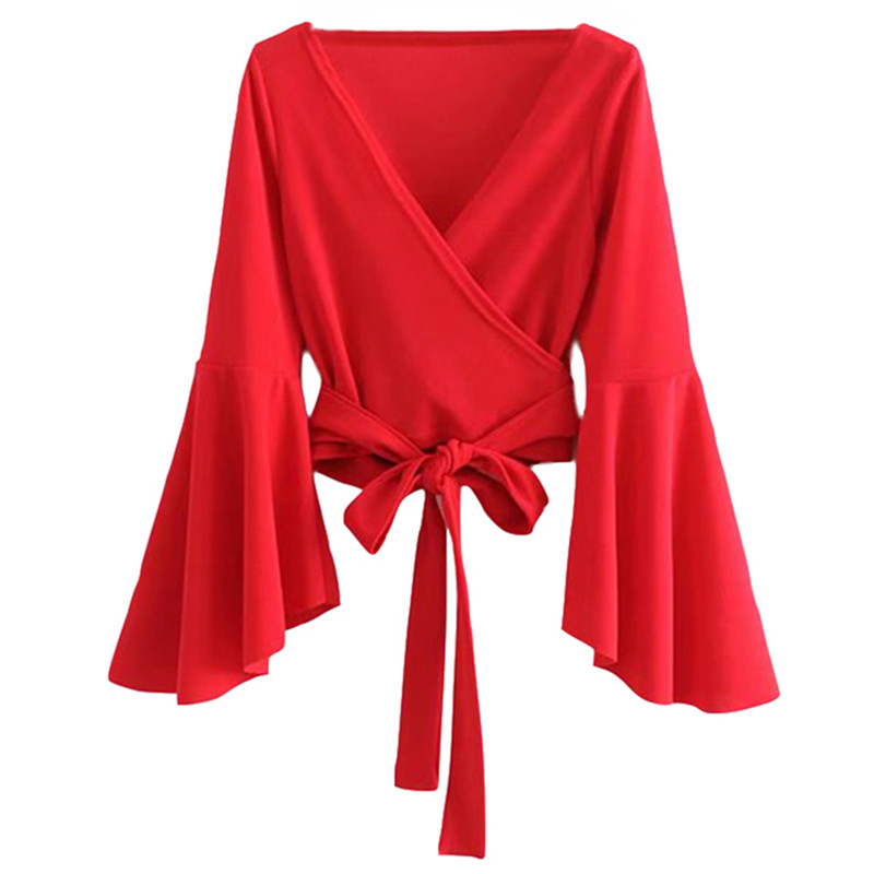 Bluză de damă modernă cu mâneci lotus în roșu și alb