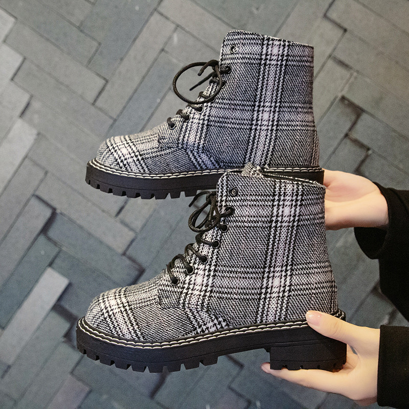 Cizme de dama in carouri cu sireturi in gri si maro