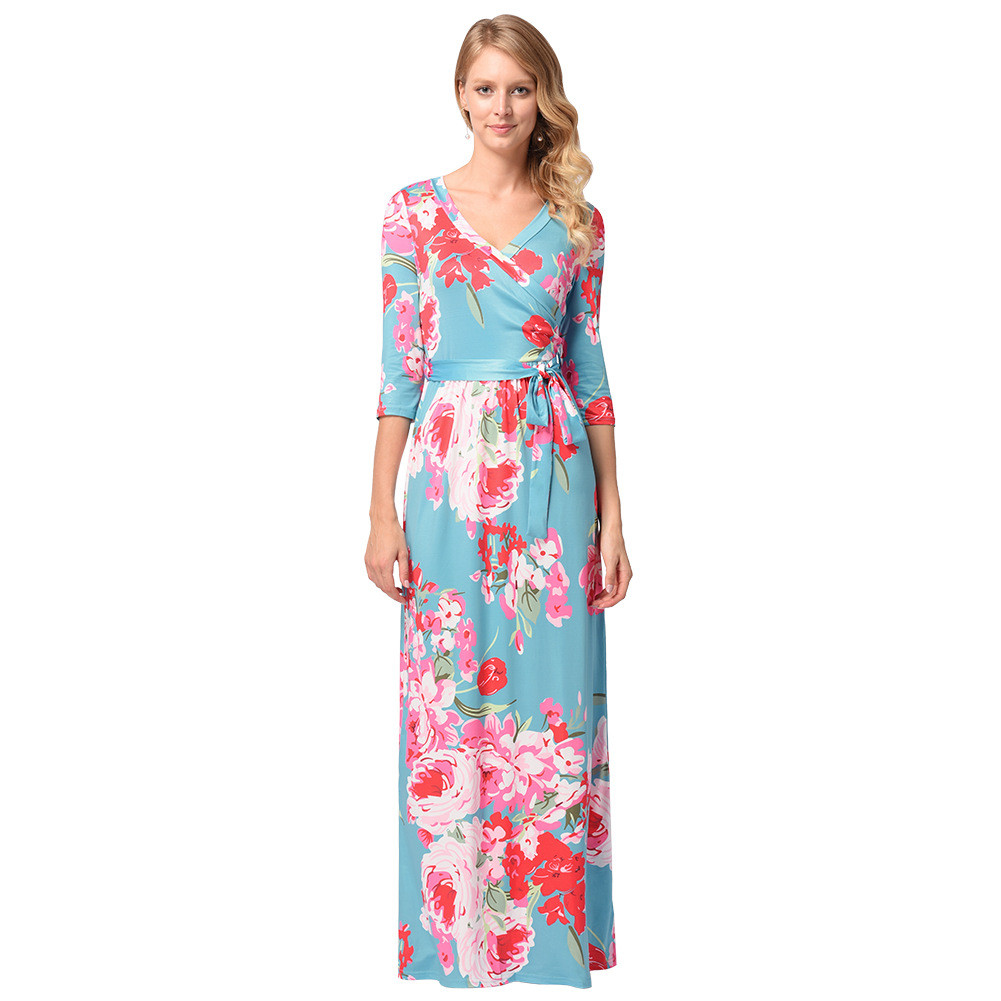 Rochie lunga de dama casual cu maneci 3/4 si model floral in doua culori