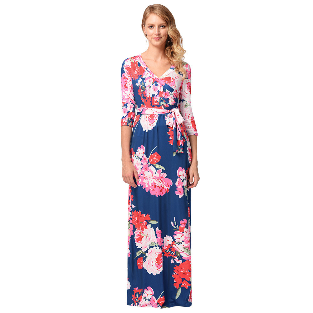 Rochie lunga de dama casual cu maneci 3/4 si model floral in doua culori