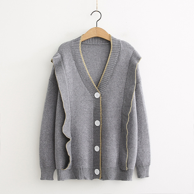 Cardigan de damă cu decolteu spitz și nasturi în bej și gri