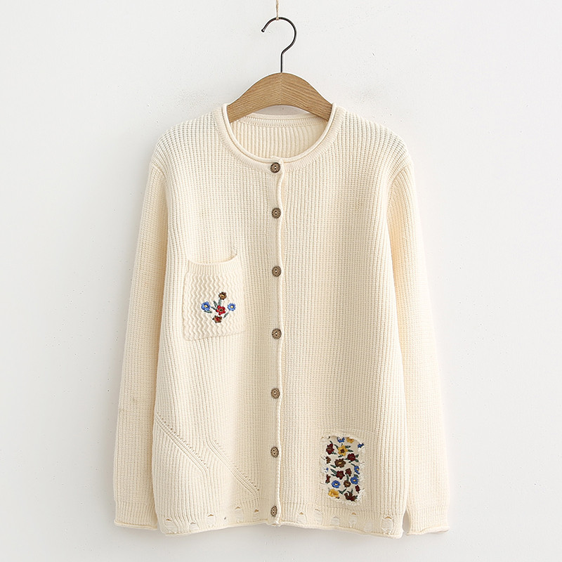 Γυναικεία ζακέτα με O-λαιμό και κεντήματα σε μπεζ και μαύρο χρώμα