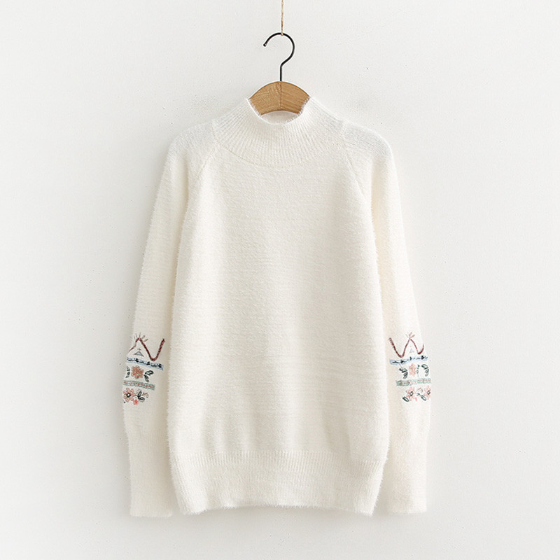 Pulover de dama model nou cu guler polo si broderie in alb si galben